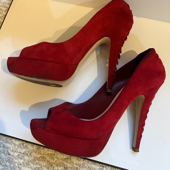 Miu Miu Suede Peep Toe Red Heels with detailed Stitching on the Heel Sz 38 - Picture 3 of 13